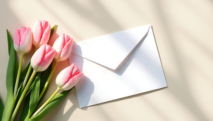 White Envelope and Pink Tulips on Wood