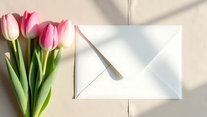 White Envelope and Pink Tulips Stationery