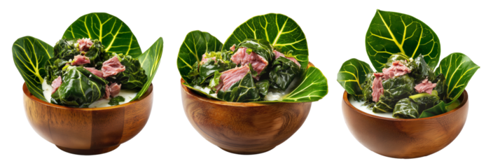 Lu Pulu corned beef cooked in coconut milk in taro leaves in wooden bowl, isolated on white background, concept of Polynesian food