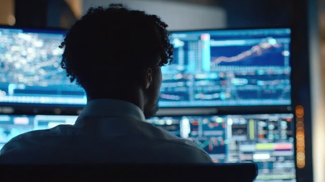 Medium shot showing a professional using quantum processors to improve credit risk evaluation on digital screens. - Powered by Adobe