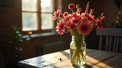 Pink Wildflowers in Glass Jar by Window