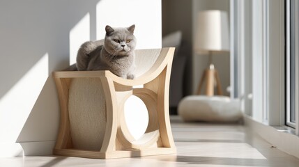 A cat sitting on a wooden chair in a room