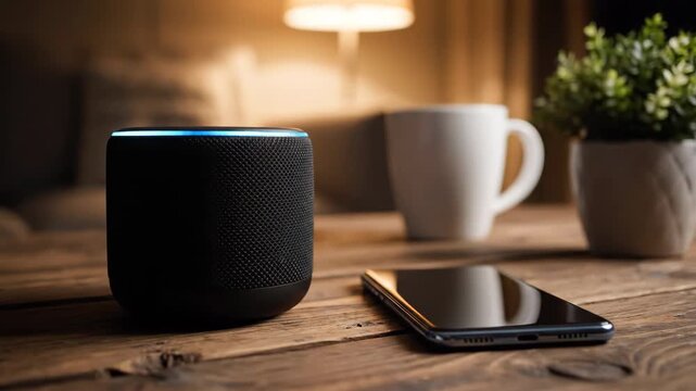 Black smart speaker with blue light on a wooden table with a phone, mug, and plant.