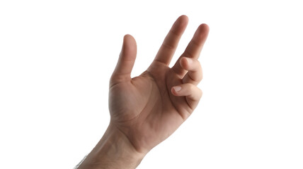 Human hand gesturing three with fingers against grey background
