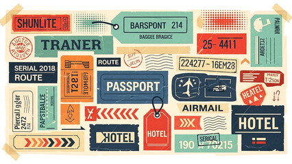 Naklejka premium Retro travel luggage label collage illustration featuring vintage destination stickers passport stamps airline tags and distressed typography nostalgic tourism ephemera artwork