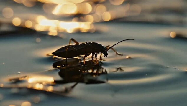 Water Bug Silhouette on Pond Surface Golden Hour Wetland Insect