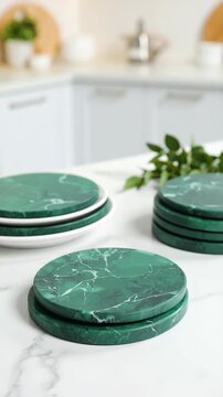 Elevated view of elegant emerald green marble coasters stacked and arranged on kitchen marble counter, showcasing luxury home decor