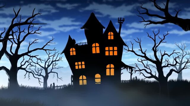 A silhouette of a haunted house with lit windows surrounded by bare trees under a cloudy sky