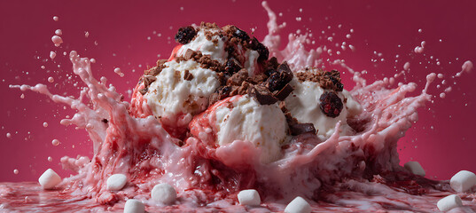 Delicious ice cream sundae with toppings splashing into pink milk with marshmallows in a creative dessert display
