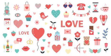 Valentine's Day Clipart Collection with Heart Shapes Cupid Rabbit Teddy Bear Flowers Love Letter Lips and Sweets Elements for Cards Decoration and Romantic Design