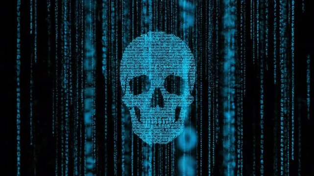 Digital skull formed from binary code falls like rain against a black backdrop.