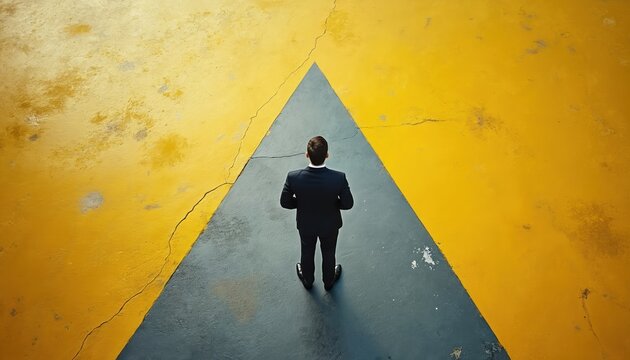 Back view of man in suit standing at start of way. Person looks into the future. Businessman considers opportunities, reflects about direction. Represents challenge, ambition, leadership and strategy.