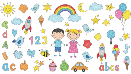 Colorful Kids Handdrawn Educational Doodle Elements Collection