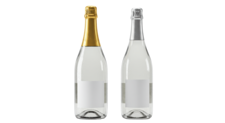 Three unique, chilled, crystal-clear champagne bottles with reflective gold/silver foil capsules and blank white labels, against a transparent studio background. Concept for high-end beverage