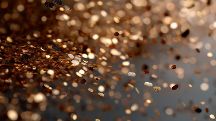 gold confetti gently falling in air creating shimmering abstract motion on dark blurred background with warm bokeh light and festive atmosphere concept of event marketing, celebration industry
