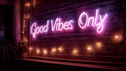 pink neon good vibes only sign glowing on brick wall with warm string lights cozy modern interior mood inspirational quote with copy space
