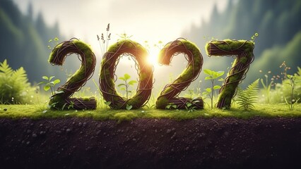 The numeral twenty twenty seven rendered with natural moss and interwoven wooden vines standing firm upon dark fertile earth against a bright morning background.