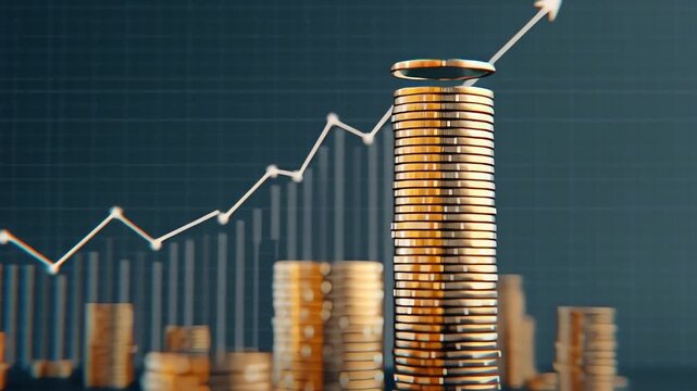 Stack of coins with rising graph line on dark background, representing financial growth and investment.
