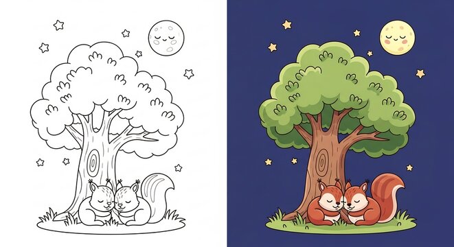 Cute cartoon squirrels sleeping under a tree at night