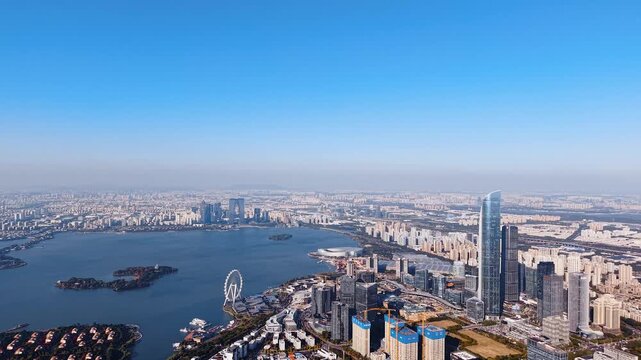 Panoramic aerial view of the skyline of Jinji Lake, Suzhou, Jiangsu Province, China