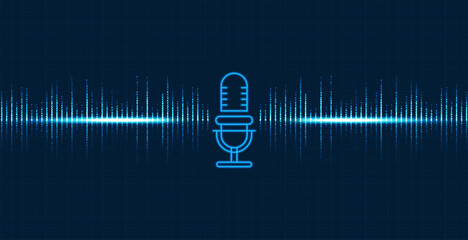 Glowing neon microphone with dynamic audio waveform and particle sound signals on dark blue grid background, representing voice recording podcast broadcasting and modern digital audio technology.
