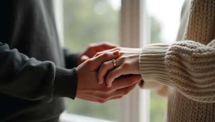 Couple Holding Hands with Engagement Ring