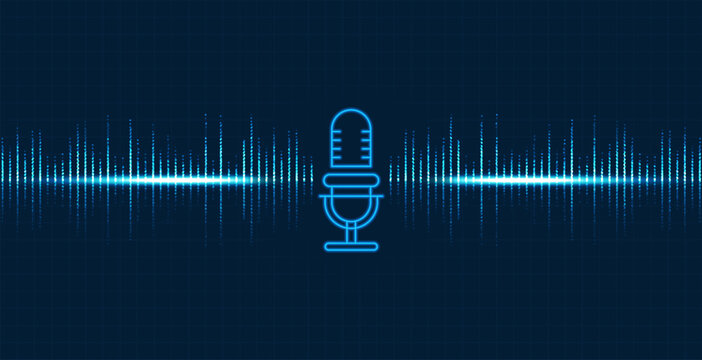 Glowing neon microphone with dynamic audio waveform and particle sound signals on dark blue grid background, representing voice recording podcast broadcasting and modern digital audio technology.