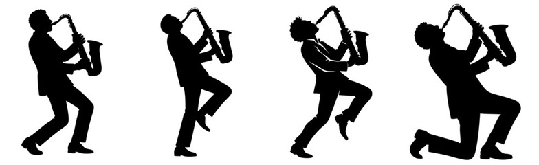 Saxophone player silhouettes set, jazz musicians performance poses © OS