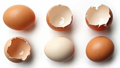 Photo features a collection of cracked egg shells and whole eggs. Eggs in various states are set against a plain white backdrop. The photo conveys ideas about food cooking and nutrition.