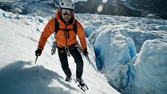 Adventure on the Glacier: A brave mountaineer embarks on a daring ascent across a majestic glacier, demonstrating courage, skill, and a deep connection to the untamed wilderness.