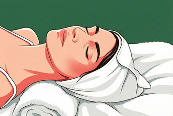 Peaceful woman with closed eyes enjoying a skincare procedure, wearing a white head towel on a spa bed. Minimalist graphic art for beauty and wellness.