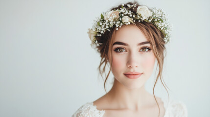Young Woman Bride with Flower Crown Looking at Camera