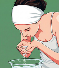 Skincare routine concept with a woman cleansing her face, splashing fresh water over a basin.