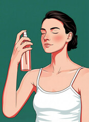 Young woman refreshing her face with cooling spray. Calm facial expression, dark green background. Minimalist poster design.