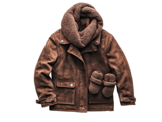 Brown leather jacket with knitted accessories on transparent background