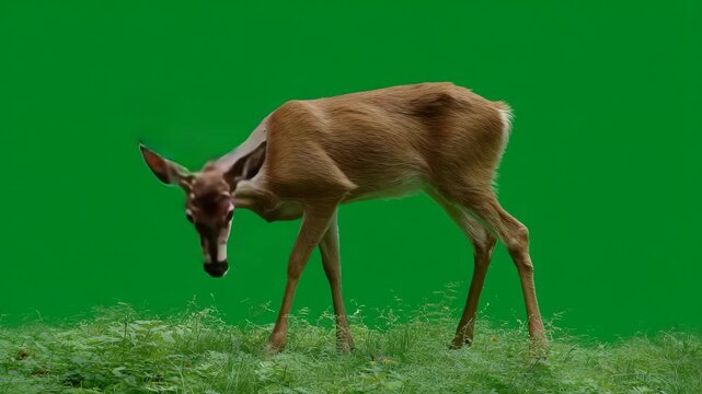 A deer grazing in a field of grass on a green background eating plants