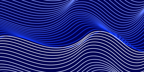 water wave shape on blue background, Flowing dot particle light wave pattern, blue and white gradient halftone. Vector in technology, science, music, modern art.
