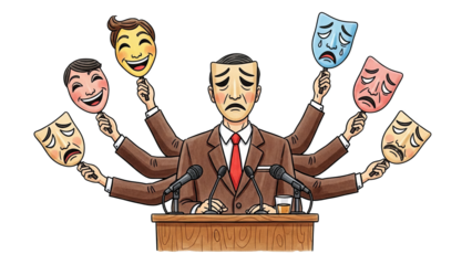 Politician With Multiple Masks Symbolizing Hypocrisy