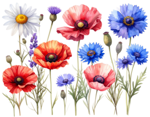Vibrant wildflower collection isolated on transparent background isolated on transparent background