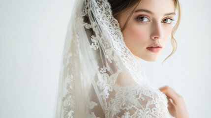 Bride in Lace Veil Looking Over Shoulder