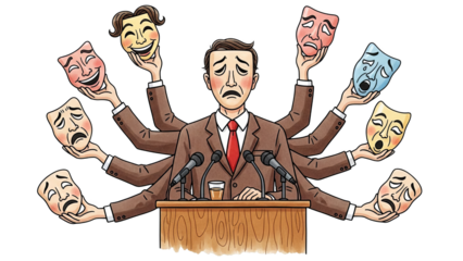 Stressed Speaker Juggling Emotional Masks At Podium