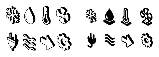 Vector of temperature regulation, hvac system and climate control with fan, thermostat, plug on isolated white