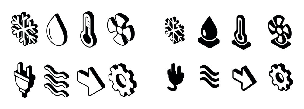 Vector of temperature regulation, hvac system and climate control with fan, thermostat, plug on isolated white