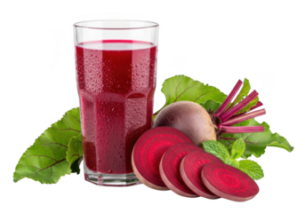 A glass of beetroot juice with sliced beets and leaves isolated on transparent background