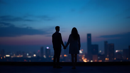 Silhouette of Couple Holding Hands at Night