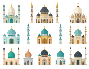 Collection of mosque illustrations isolated on transparent background isolated on transparent background