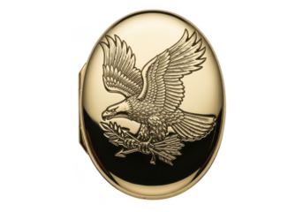 A gold pocket watch with an eagle engraving on the cover isolated on transparent background