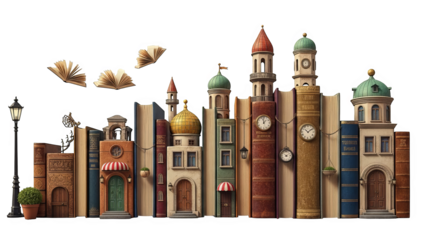 Whimsical Book Cityscape With Flying Books And Architectural Details