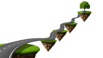 Winding Road Connecting Floating Islands To A Green Tree