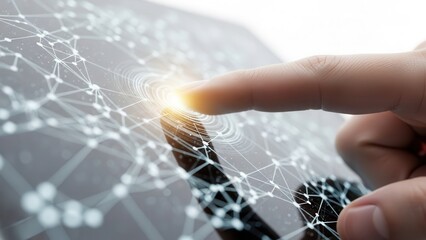 Index finger touching digital interface symbolizing modern touchscreen interaction on white background